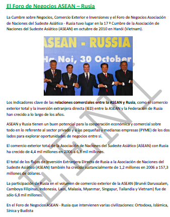 Foro de Negocios Rusia-ASEAN-Rusia (Brunéi, Camboya, Filipinas, Indonesia, Laos, Malasia, Myanmar, Singapur, Tailandia y Vietnam)