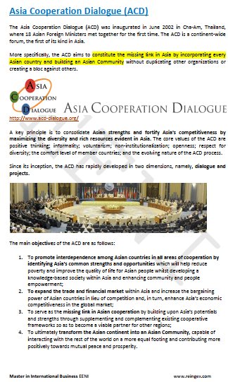 Asia Cooperation Dialogue (ACD): to create the missing link in Asia by developing an Asian Community