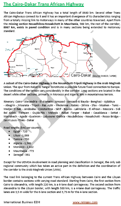 Cairo-Dakar Corridor (Trans-African Highway): Egypt, Libya, Tunisia, Algeria, Morocco, Mauritania, Western Sahara, and Senegal