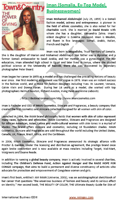 Iman Somalia (Somalian Former Top Model and businesswoman)