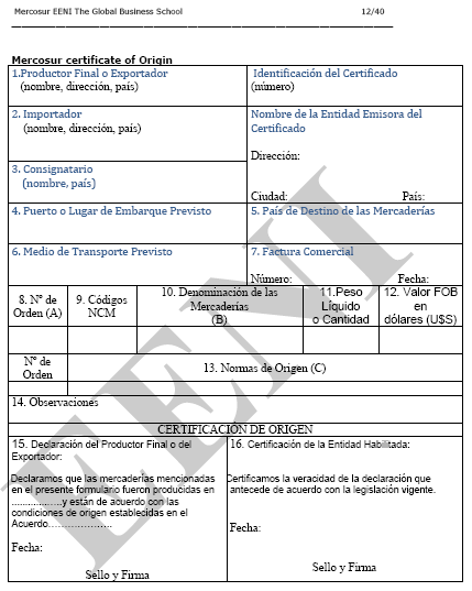 MERCOSUR Certificate of Origin