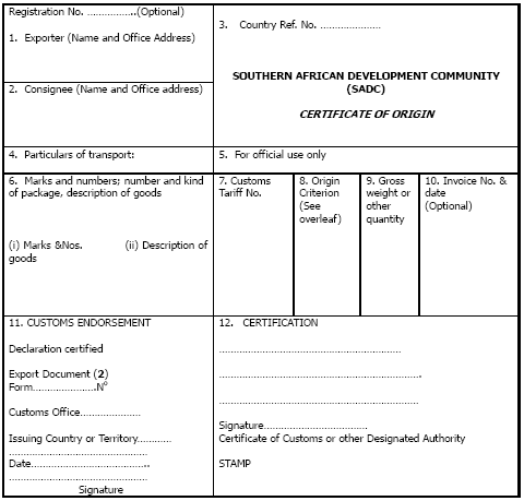 Certificate of Origin - Southern African Development Community (SADC)