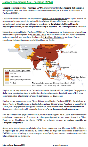Accord commercial Asie-Pacifique APTA : Chine, Corée du Sud, Inde, Chine, Bangladesh
