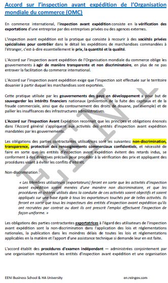 Accord sur l’inspection avant expédition de l’OMC (Mesures non tarifaires)