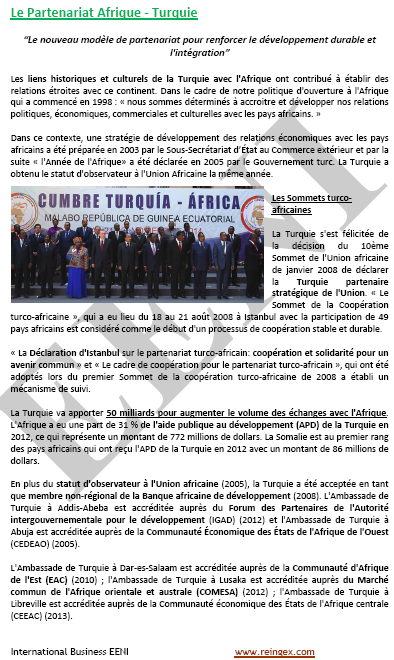 Partenariat Afrique-Turquie. Sommets turco-africains. Coopération turco-africaine