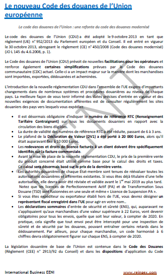 Code des douanes de l'UE (France, Belgique)