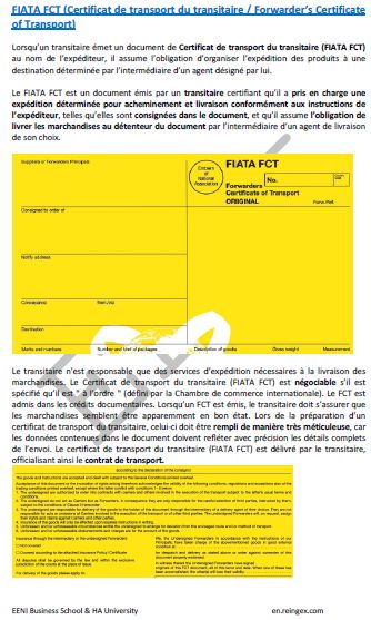 Certificat de transport du transitaire (FIATA FCT)