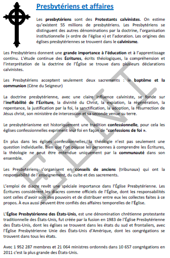 Presbytériens affaires et éthique