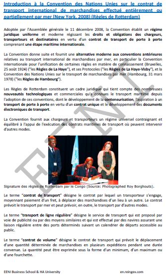 Convention des NU sur le contrat de transport international de marchandises par mer (Règles de Rotterdam)