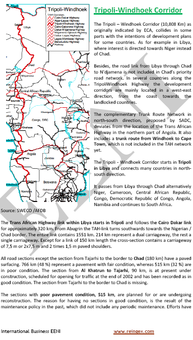 Corridor Tripoli-Windhoek (autoroute transafricaine): Angola, Tchad, Cameroun, République centrafricaine, Congo, RD Congo, Namibie, Libye