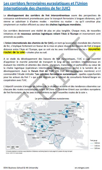 Union internationale des chemins de fer (UIC) Corridors ferroviaires eurasiatiques. Transport combiné chemin de fer / route