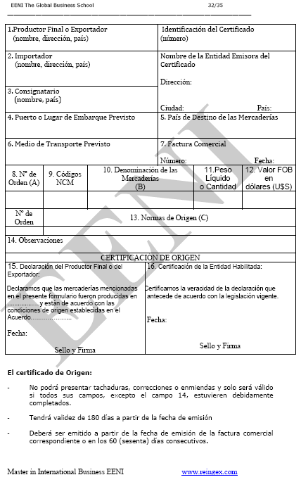 MERCOSUR (Argentina, Brasil, Paraguay, Uruguay) Certificado de origen