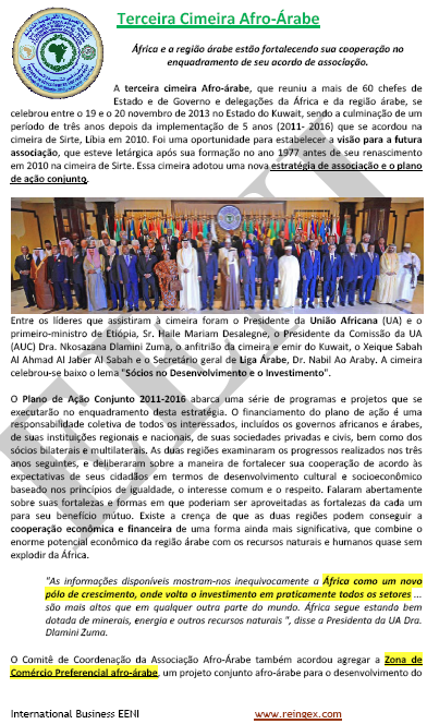 Cooperação África-Países Árabes. Área de comércio preferencial afro-árabe. Angola, Moçambique, Cabo Verde...